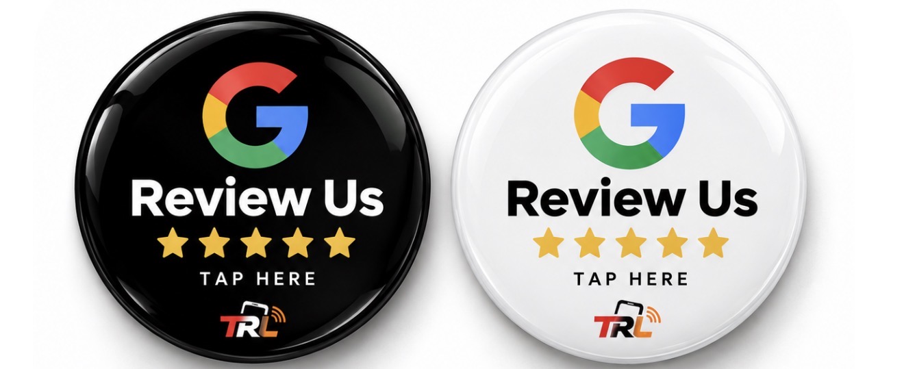 Small round NFC Google review plates, black and white, with the TRL logo